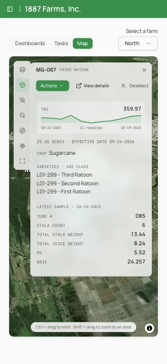 Terrasow on a phone, showing the MG-067 field detail with its TRS trend, varieties and latest sample